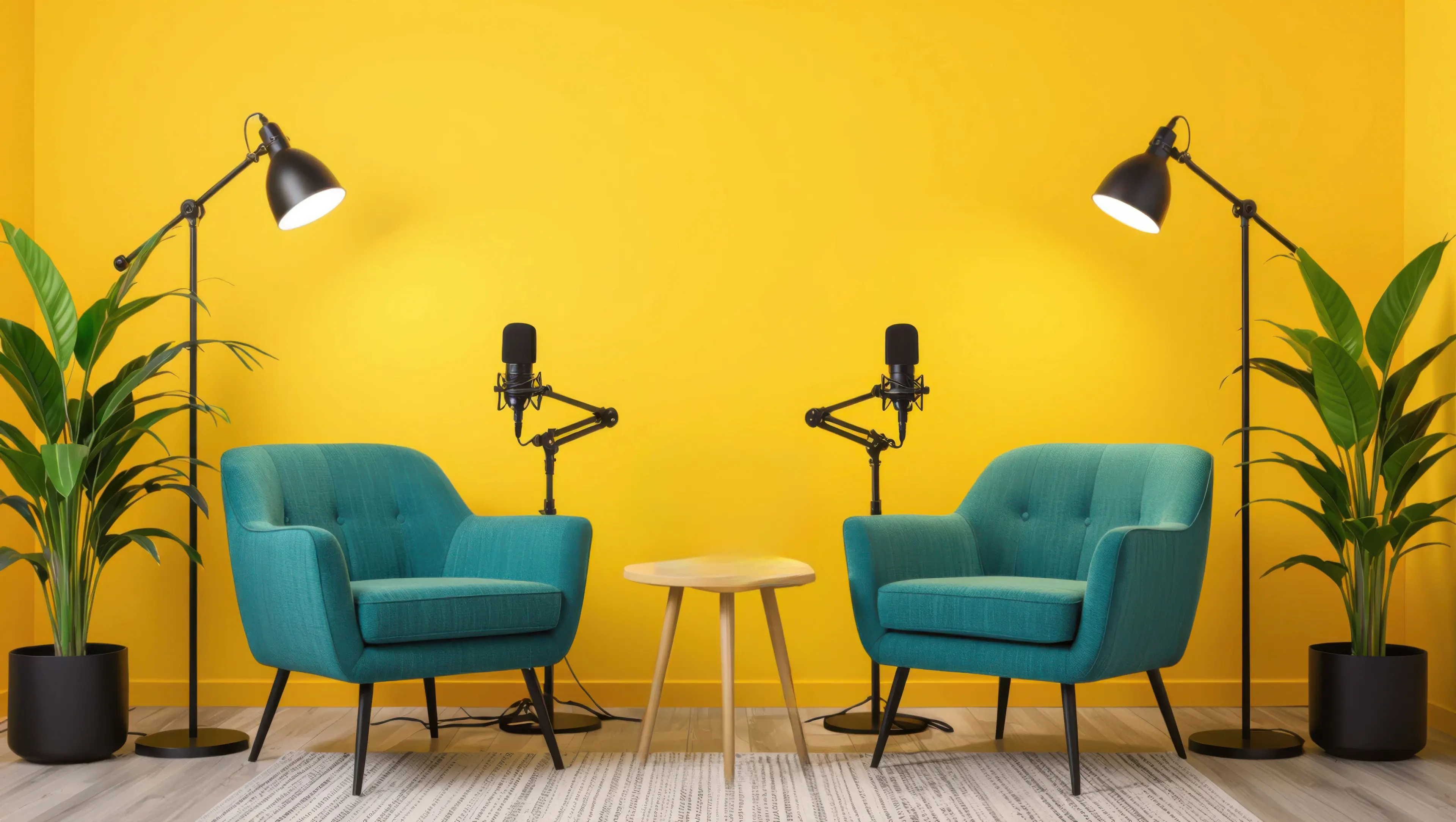 two empty green chairs with microphones in a yellow room