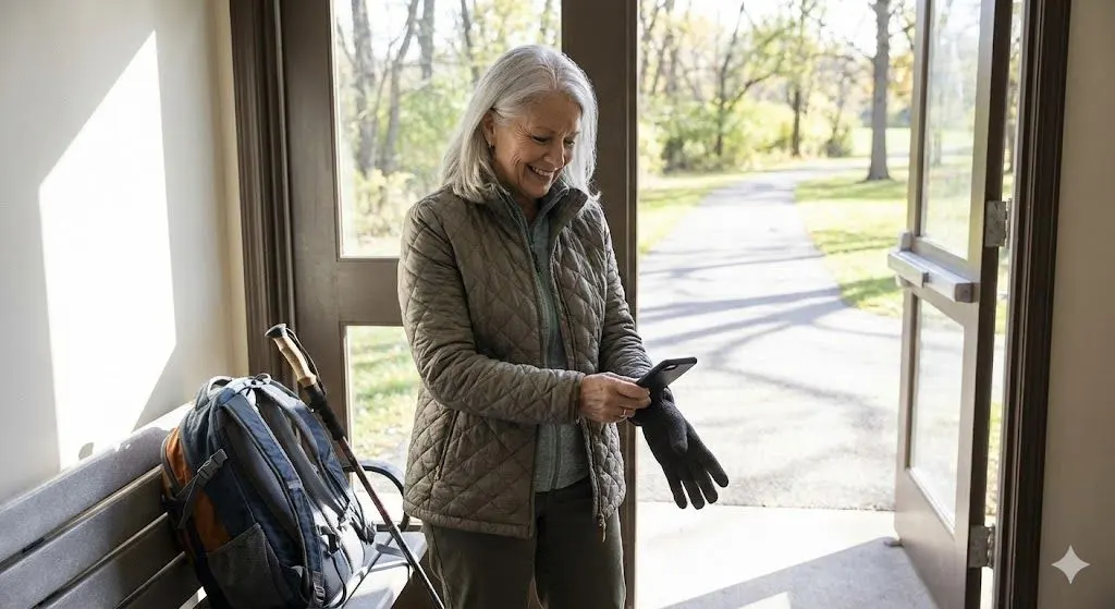 Older woman putting looking at phone and putting on gloves to go outside