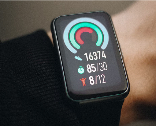 A closeup of an activity tracker app on a smart watch