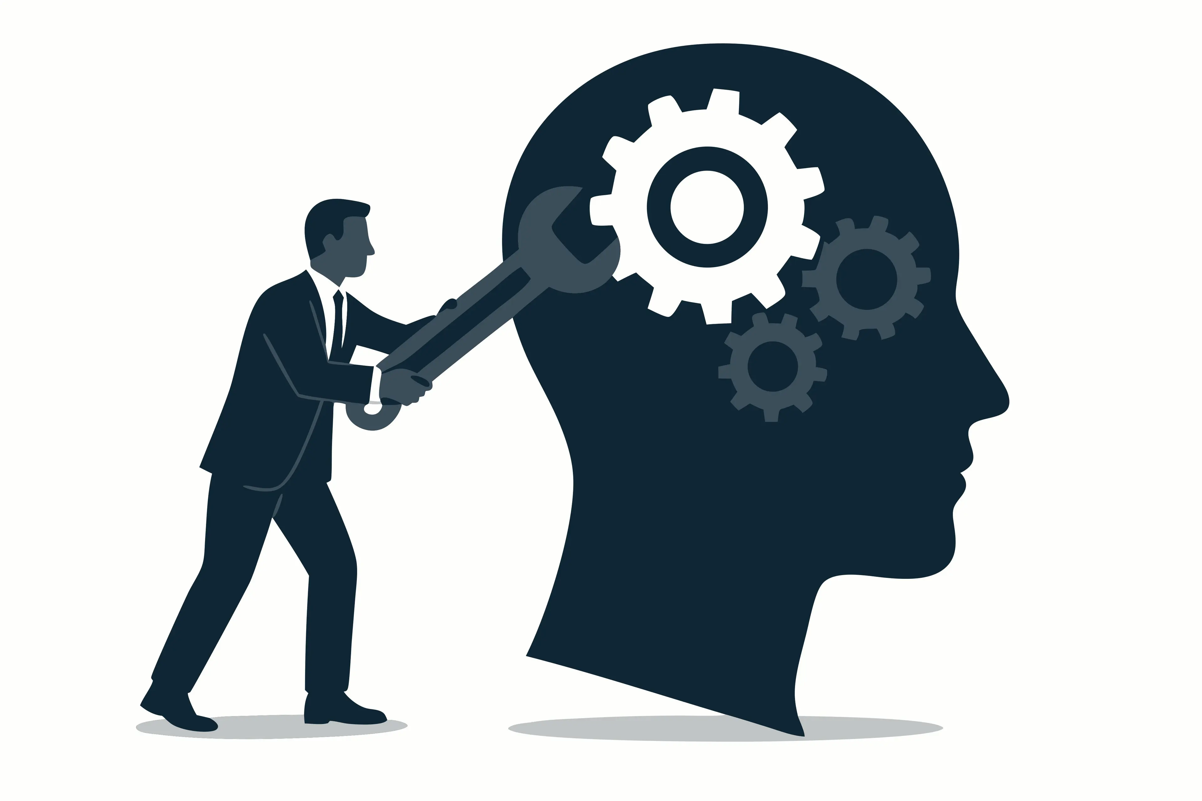 An illustration of man using a wrench to turn gears inside of a person's head