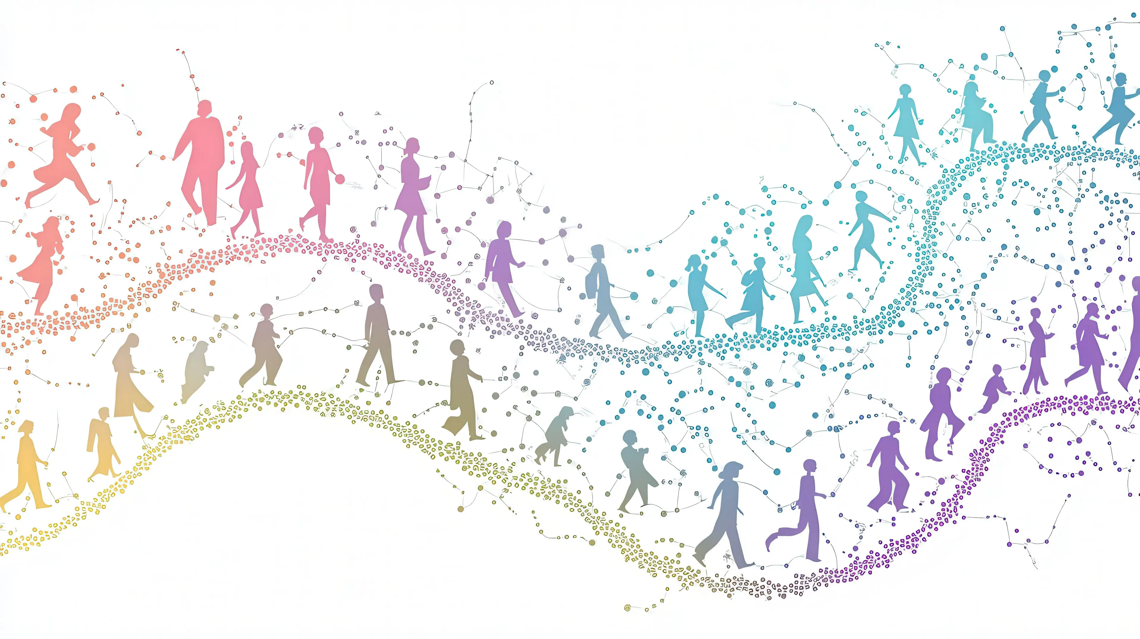 Colorful silhouettes walking on two curved dotted lines